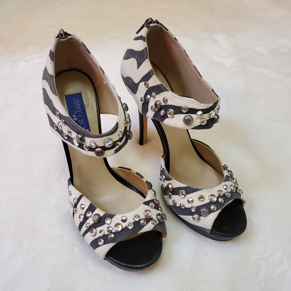Jimmy Choo for H&M Monocrome Zebra Print Suede Studded Platform Heels Size 40 - Picture 3 of 13